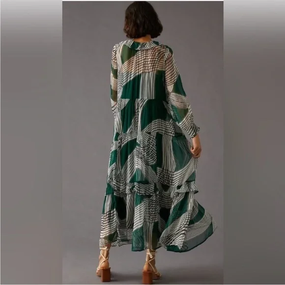 By Anthropologie Marais Green & Black Printed Chiffon Maxi Dress Size XL - Picture 2 of 13